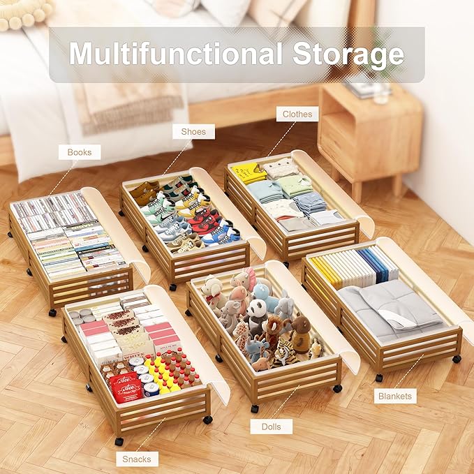 Under Bed Storage Containers With Wheels - 2 Pcs Large Bamboo Wood Rolling Underbed Shoe Storage Bins With Dust Bags for Clothes Blankets, Duvet Covers Snacks Toys (Walnut)-Ruum Studio Home