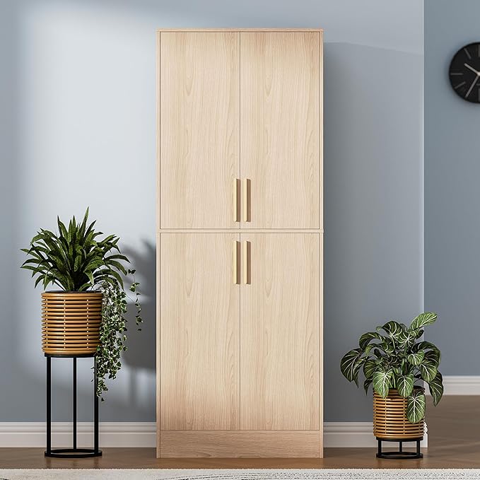 71" Tall Pantry Cabinet with 4 Doors, Kitchen Pantry Storage Cabinet, Freestanding Larder Cupboard, Utility Kitchen Hutch with Gold Handles for Dining Room, Bathroom, Oak-Ruum Studio Home