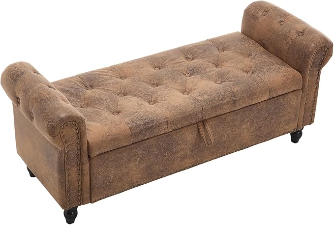 Furniliving 55” End of Bed Bench, Bedroom Bench with Button-Tufted, Large Upholstered Storage Ottoman Entryway Bench with Storage Shoe Cabinet Bench, for Bedroom, PU, Coffee-Ruum Studio Home