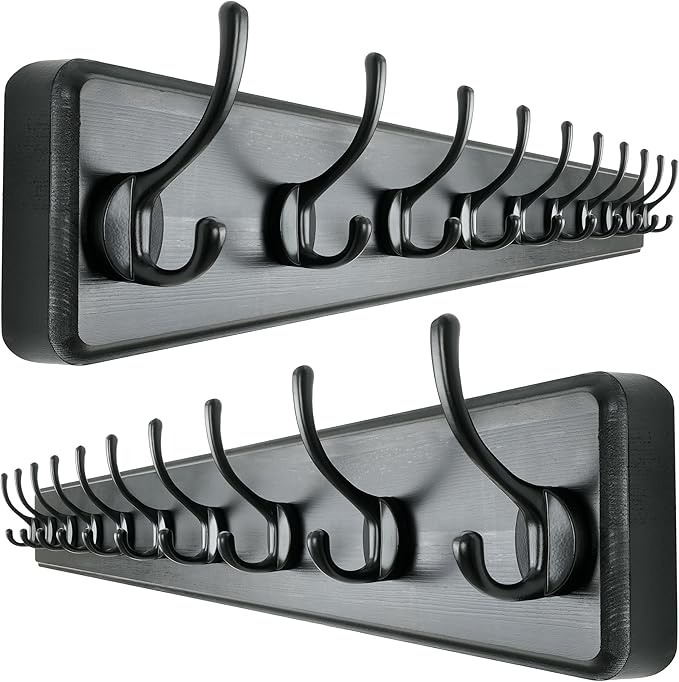 Dseap Wall Mounted Coat Rack: 38-1/4" Long, Patented, Heavy-Duty, 10-Double-Hooks Wooden Hanger Rail for Winter Coats, Hats, Jackets, Clothing - Black, Pack of 2-Ruum Studio Home