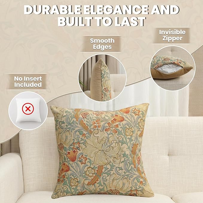 Charlotte Home Furnishings Throw Pillow Covers, Decorative Boho Pillow Cover for Couch, Living Room, Golden Lily Light Square Cushion Cases 18x18 in, European Cotton Jacquard Woven, Cozy Bedroom Decor-Ruum Studio Home