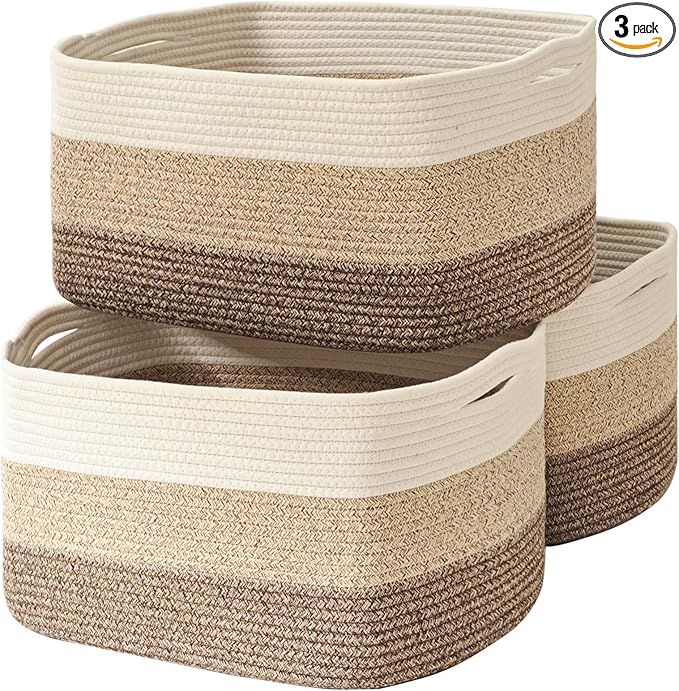 Large Storage Baskets for Organizing Shelves, Woven Cotton Rope Bins for Baby Nursery Organization, Book Toy Towel Organizer, 17"x13"x9.5", 3 Packs, Gradient Brown-Ruum Studio Home