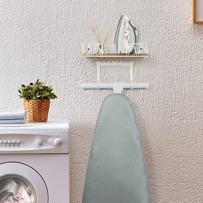 TJ.MOREE Ironing Board Hanger Wall Mount - Laundry Room Decor Iron and Ironing Board Holder with Large Storage Wooden Base Basket and Removable Hooks(T&V Shaped) Cream-Ruum Studio Home