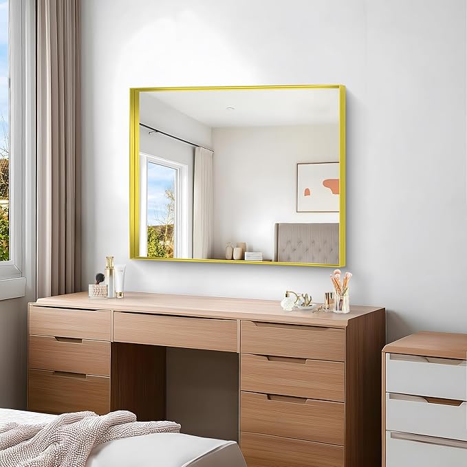 Gold Bathroom Mirror, 30x36 Inch Rectangular Framed Mirror, Large Wall Mounted Bathroom Vanity Mirror Over Sink for Bedroom,Restroom, Living Room, Hangs Vertically or Horizontally-Ruum Studio Home