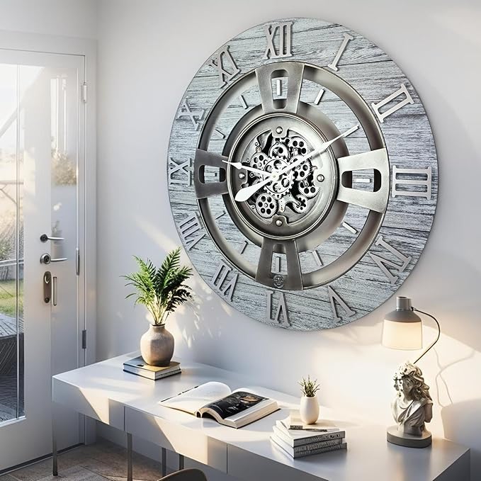 The Gears Clock Real Moving Gear Wall Clock England Line (Silver Grey, 24 inches (60 cm))-Ruum Studio Home