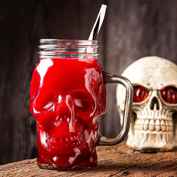 Halloween Cups Set of 4 - Skull Mason Jar with Lids Straws and Handle - Skull Drinking Glasses for Halloween Party Bar Decor (16 oz, Clear)-Ruum Studio Home