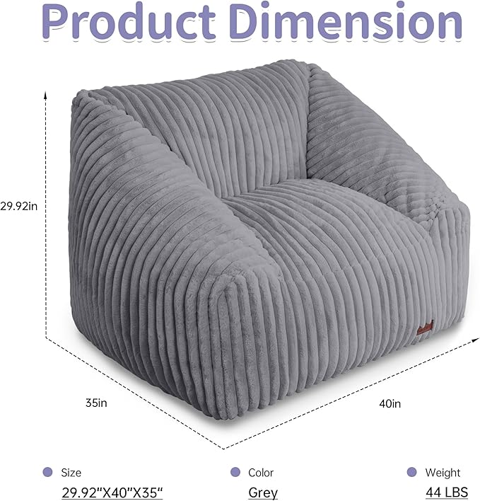 HABUTWAY Bean Bag Chair, Giant Bean Bag Chairs for Adults and Kids, Bean Bag Sofa, Lazy Floor Sofa, Faux Fur Beanbag Chair with Armrests for Living Room Bedroom (Grey)-Ruum Studio Home
