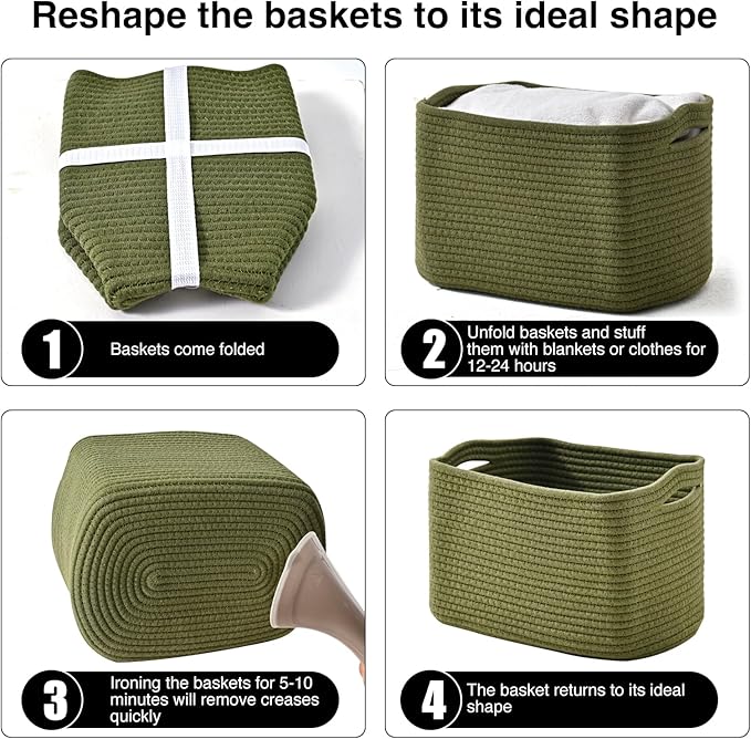 Storage Basket for Shelves, Small Baskets for Organizing, Woven Cotton Rope Baskets for Storage, Book Basket, Decorative Shelf Basket, 12.5"Lx9.1''Wx7.9''H (4 Packs) Green-Ruum Studio Home