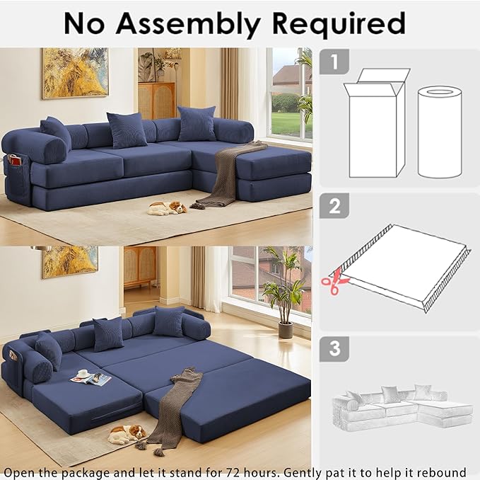 107" Oversized Convertible Sleeper Sofa Bed, Corduroy L Shape Sectional Couch, Folding Sofa Bed with Side Pocket, Modern Cloud Floor Mattress Couch,Modular Sofa for Living Room,Dark Blue-Ruum Studio Home