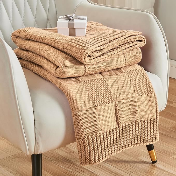 CozeCube Check Knit Throw Blanket, Beige Checkered Throw for Couch, Decorative Christmas Soft Cozy Warm Knitted Blanket for Bed Sofa Living Room, 50"X60"-Ruum Studio Home