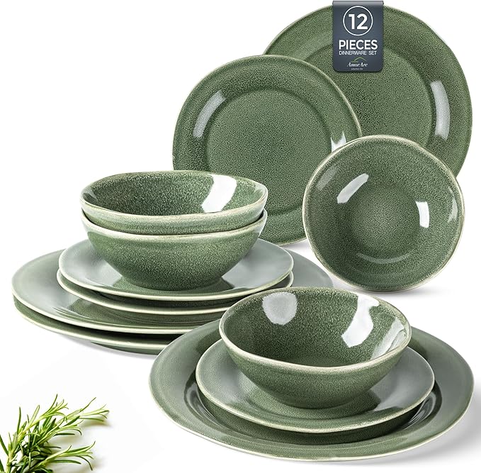 AmorArc Ceramic Dinnerware Sets, Handmade Stoneware Reactive Glaze Plates and Bowls Set, Scratch Resistant | Dishwasher & Microwave Safe Dishes Set, Service for 4 (12pc)-Ruum Studio Home