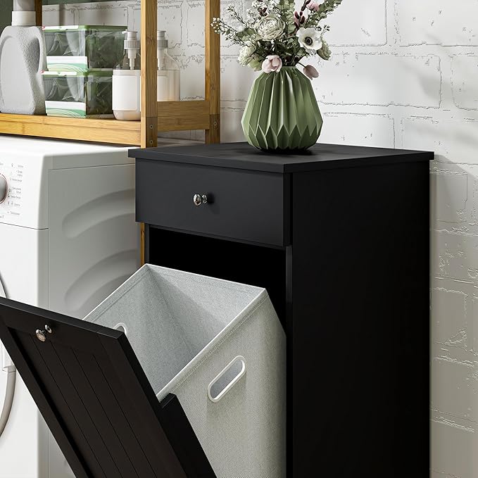 HOMCOM Laundry Hamper with Removable Basket, Tilt Out Hamper with Drawer and Beadboard Door, Bathroom Storage Cabinet, Black-Ruum Studio Home