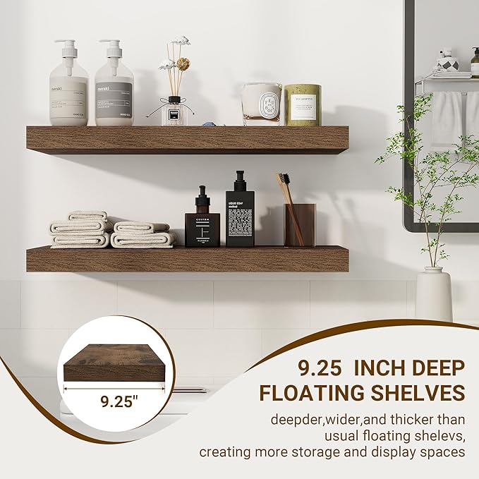 24 Inch Floating Shelves, 24"x9.25"x1.5" Inch Deep Floating Shelves for Wall, Wooden Shelves for Bathroom, Bedroom, Living Room, Brown-Ruum Studio Home