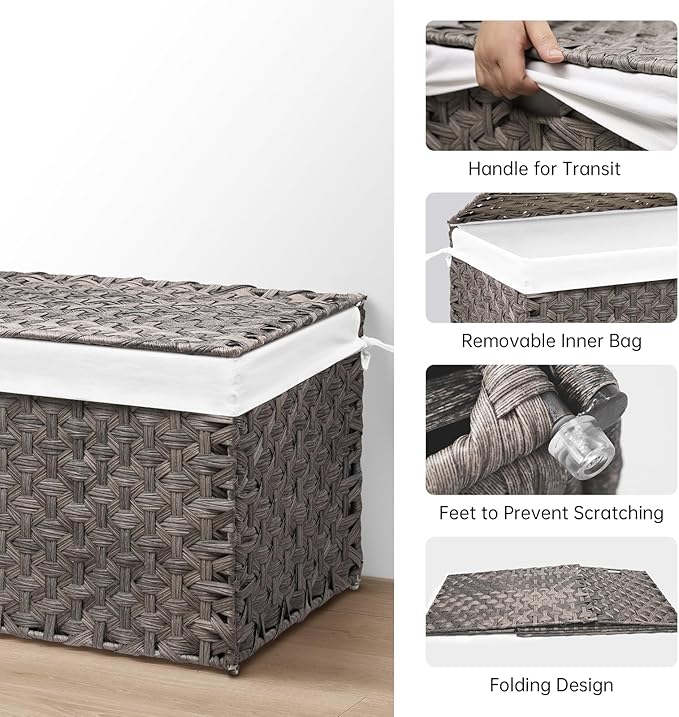 Wicker Storage Basket with Lid, 42.3 Gallon (160L) Large Blanket Basket with Lid, Woven Storage Bin with Handles, Removable Liner, Metal Frame, Foldable, for Bedroom, Laundry Room, Grey-Ruum Studio Home