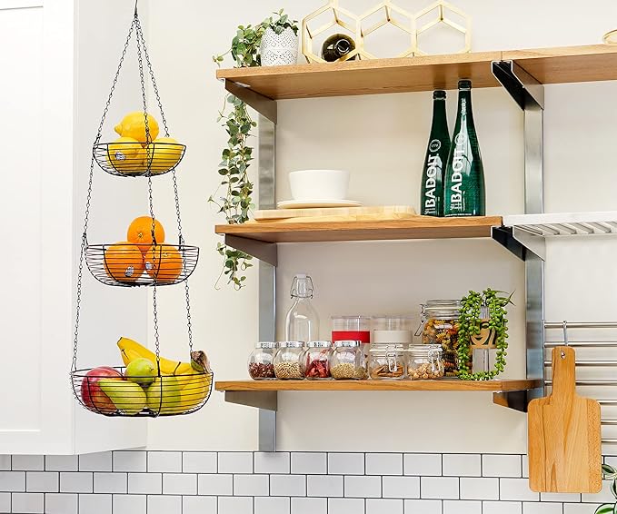 CAXXA 3-Tier Hanging Basket Fruit Organizer Kitchen Heavy Duty Wire Organizer with 2 Free Bonus Metal Ceiling Hooks, Black-Ruum Studio Home