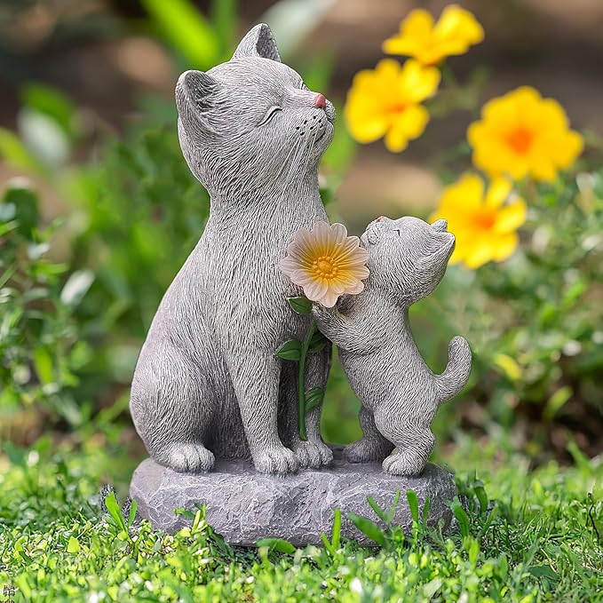 Solar Cat Garden Statue Outdoor Decor - Mother & Kitten Figurines with Flower LED Light, Outside Yard Art Patio Balcony Lawn Ornament, Unique Gifts for Cat Lover-Ruum Studio Home