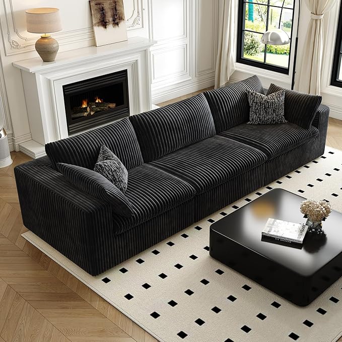118" Cloud Couch Modular Sectional Sofa for Living Room,Modern Sofa with Deep Seat，3 Seater Boneless Couch,Comfy Upholstered Corduroy Couches for Apartment, Studio, Office,Bedroom，Black-Ruum Studio Home