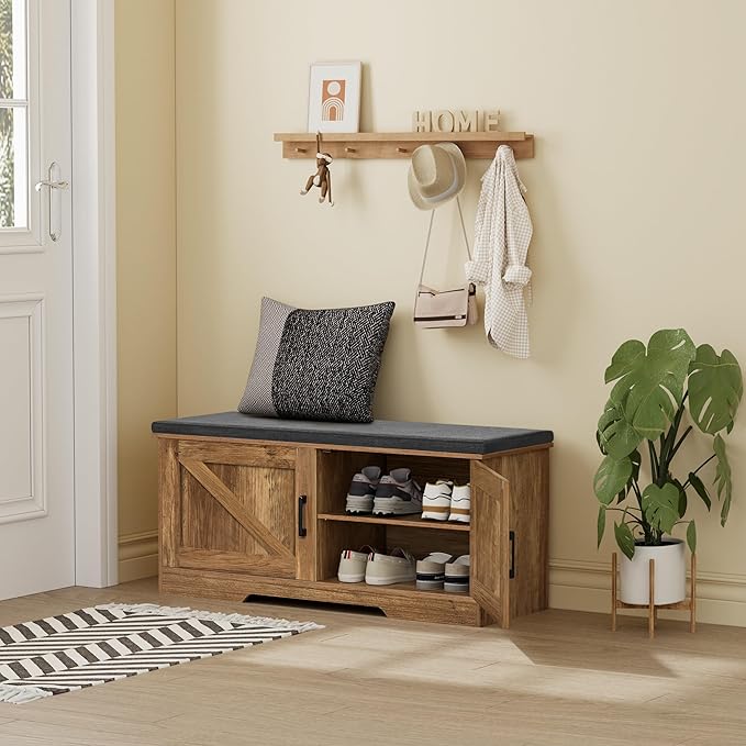 2-Tier Storage Bench, Shoe Bench with Padded Seat Cushion, Entryway Bench with 2 Barn Doors, Adjustable Shelf, 13.8" D x 39.4" W x 17.7" H, for Entryway, Living Room, Bedroom, Rustic Walnut-Ruum Studio Home
