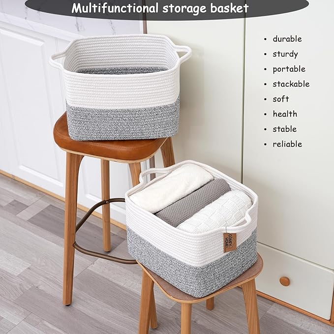 COMFY-HOMI 3-Pack Cotton Rope Woven Basket with Handles for Shelves, Book, Cloth Basket|Dog Toy Basket for Organizingy|13.5" x 11" x 9.5" for Bedroom（White/Grey）-Ruum Studio Home