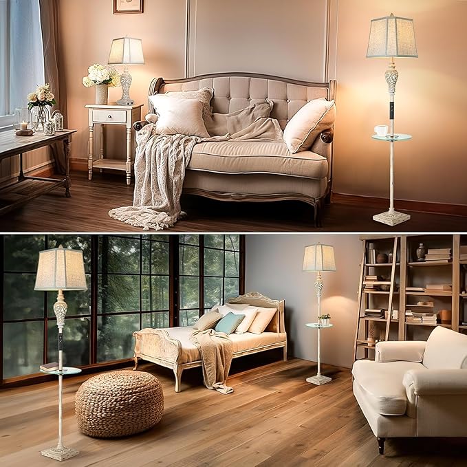 Rustic Floor Lamp, Living Room Lamps with Glass Tray, stepless diming Floor Lamp with Remote Control and USB A&C Charging Ports for Living Room Bedroom Office Smart Bulbs Included-Ruum Studio Home
