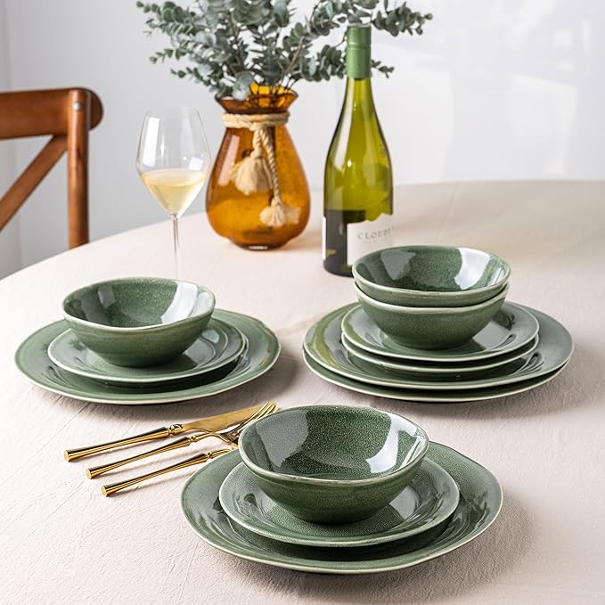AmorArc Ceramic Dinnerware Sets, Handmade Stoneware Reactive Glaze Plates and Bowls Set, Scratch Resistant | Dishwasher & Microwave Safe Dishes Set, Service for 4 (12pc)-Ruum Studio Home