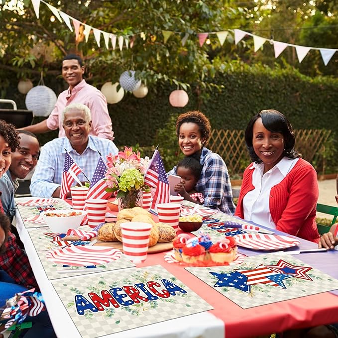 Veterans Day Placemats Set of 6 4th of July Patriotic American Flag Stars Plastic Table Mats Eucalyptus Election Day Memorial Place Mats Table Decoration for Indoor Outdoor Party Kitchen Dining-Ruum Studio Home