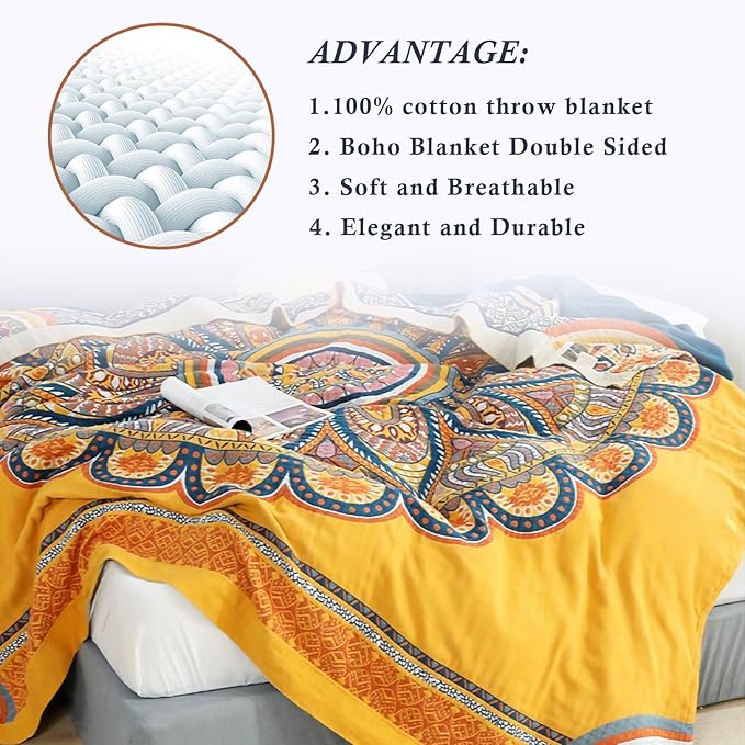 Snycler Boho 100% Cotton Throw Blanket, Decorative Muslin Boho Throw Blanket, Soft Cozy Colorful Bohemian Floral Reversible Blanket with Tassels for Chair Couch Bed Sofa Room Decor, 60x80 Inch-Ruum Studio Home