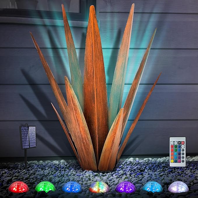 Large Tequila Rustic Sculpture, Rustic Metal Agave Plants for Outdoor, Metal Agave Garden Yard Statue, Outdoor Lawn Ornaments Yard Stakes (Rusty - L (W/Solar Light))-Ruum Studio Home