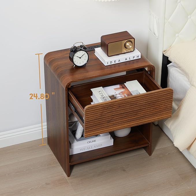 Fluted Nightstand with Charging Station, Mid Century Modern Bed Side Table End Table with Drawer Storage, Large Wooden Night Stands Bedside for Bedroom Living Room Sofa Office, Walnut-Ruum Studio Home