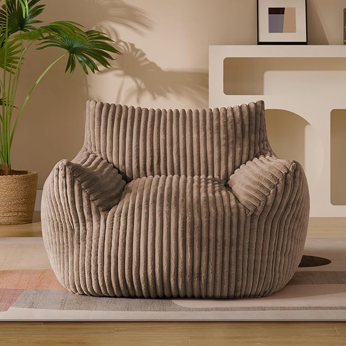 Giant Plush Bean Bag Chair for Adults with Armrests - Oversized Comfy Khaki Beanbag Lounge Lazy Floor Sofa Chair for Living Room, Bedroom & Dorm, Cozy Fluffy Single Cloud Mini Couch-Ruum Studio Home