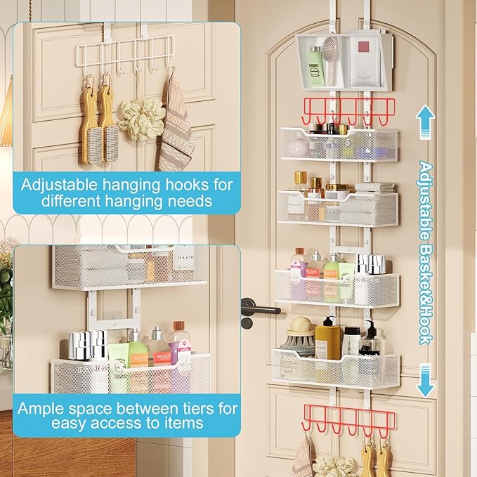 Adjustable Over The Door Organizer, Hanging Door Storage with PVC Pocket and 4 Metal Baskets Wall Mount, Closet Door Organizer Behind Door Rack for Bathroom Bedroom Closet, White-Ruum Studio Home