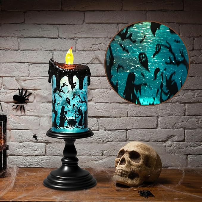 Eldnacele Halloween Snow Globe Flameless Candle with Timer, Battery Operated Spooky Spinning Water Glittering Tornado Lamp LED Candlestick Table Fireplace Witch Decal Halloween Holiday Decoration-Ruum Studio Home