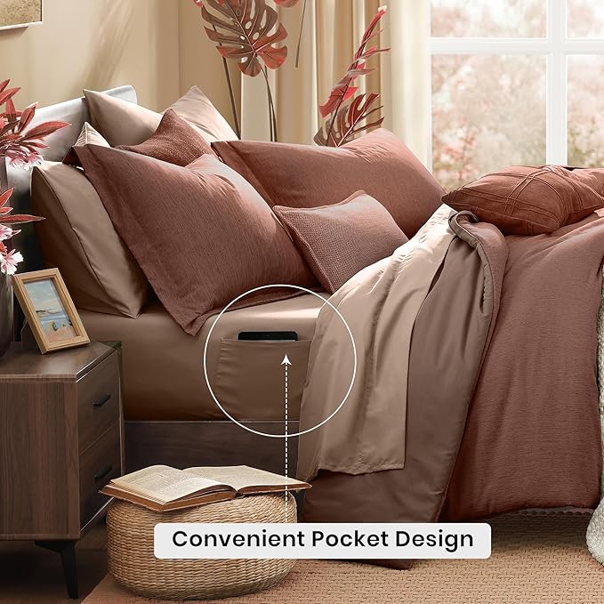 Monbix Queen Comforter Set - 7 Pieces Cationic Dyeing Terracotta Bed in a Bag Queen Bedding Sets with Comforter, Sheets, Pillowcases & Shams, Reversible Bedding Comforters Sets-Ruum Studio Home