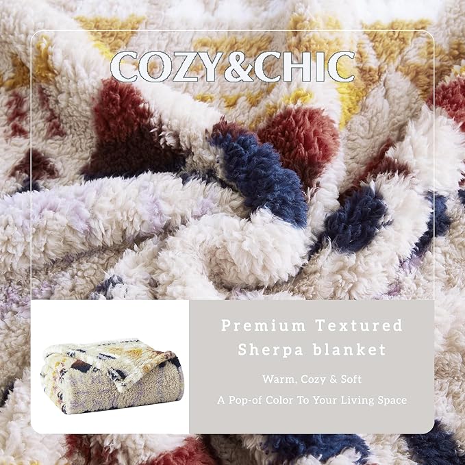 CASAAGUSTO Boho Sherpa Throw Blanket, Aztec King Size Blanket, Ultra Soft, Warm, Cozy, Plush, Thick Fleece Bohemian Throw Blanket for Couch, Bed, Sofa (Khaki 108 * 90 Inch)-Ruum Studio Home