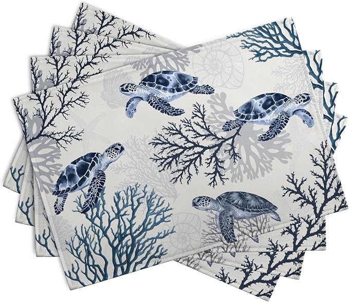 Coastal Beach Placemats Set of 4 Nautical Theme Coral Sea Turtle Navy Blue Place Mat 12x18 Inch Seasonal Summer Ocean Washable Linen Fabric Table Mats for Party Kitchen Dining Decoration-Ruum Studio Home