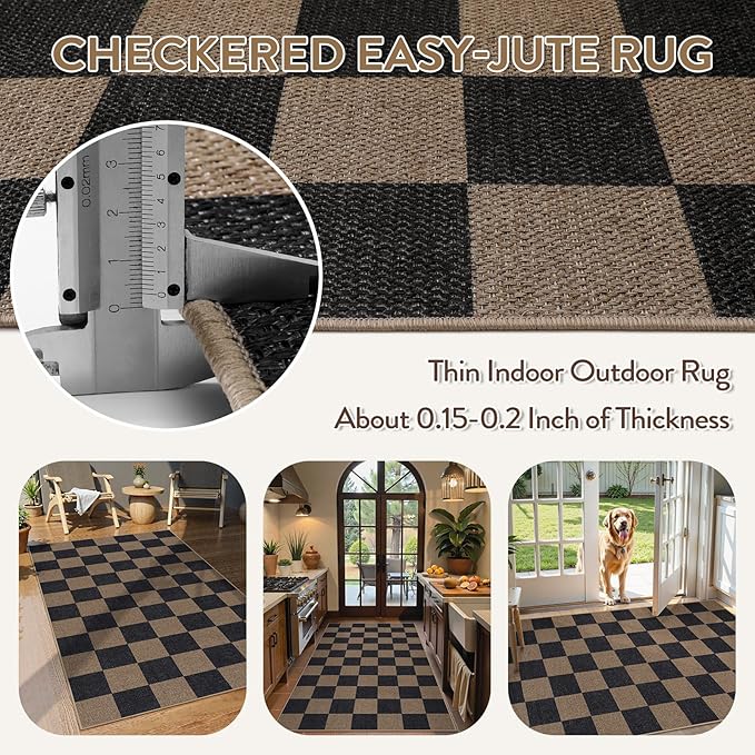 Lahome Checkered Easy Jute 3x5 Rug, Washable Rugs for Living Room Entryway Farmhouse Non Slip Black Outdoor Carpet, Checkerboard Indoor Door Mat for Entry Patio Deck-Ruum Studio Home