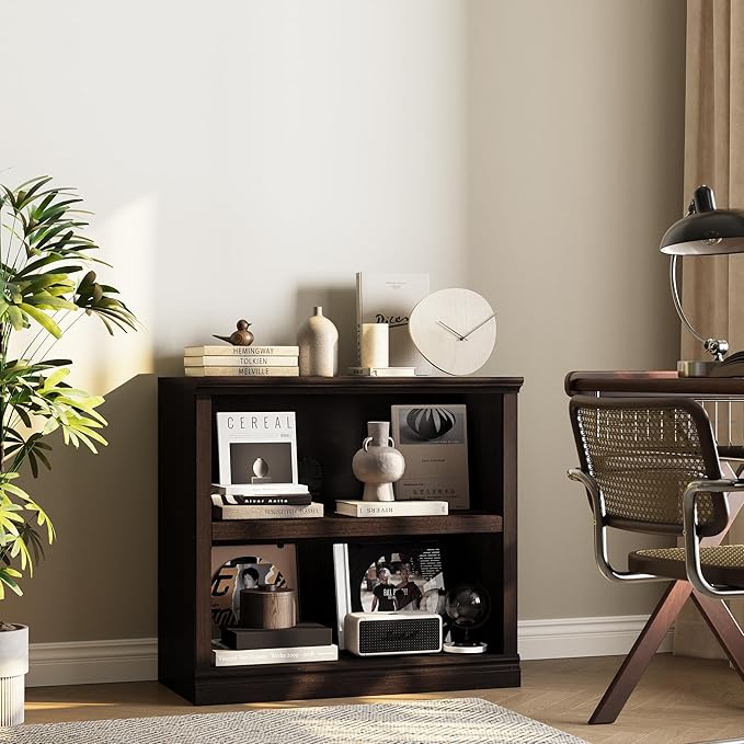 Bookcase, Open Storage Book Cases/Shelves, Floor Standing Indoor Furniture 2 Shelf Book case for Farmhouse Library Office Bedroom Kids, Dark Cherry - 2 Tier-Ruum Studio Home
