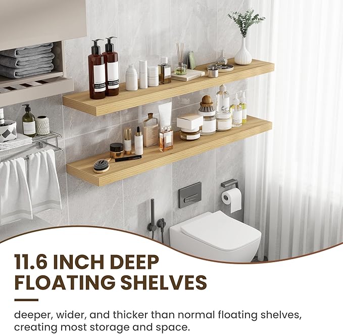 55 Inch Floating Shelves, 12 Inch Deep Floating Shelves for Wall, Floating Shelf with Invisible Brackets, Deep Shelves for Bathroom, Bedroom, Living Room, 1 Pack, Natural-Ruum Studio Home