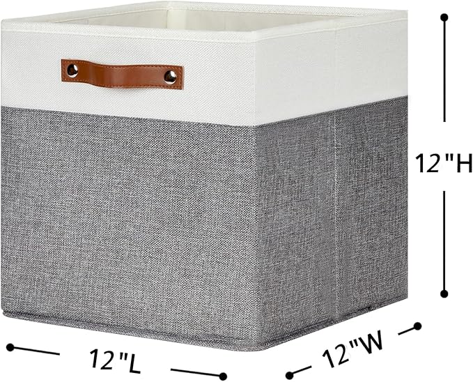 HNZIGE Fabric Storage Cubes 12x12 Cube Storage Bins, Set of 4, Decorative Cube Organizers Bins for Shelves with Handles,Foldable Bins for Cube Organizer Home Toy Nursery Closet(White Gray)-Ruum Studio Home