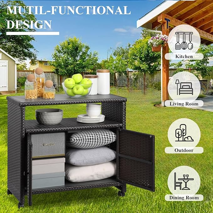 Outdoor Wicker Storage Cabinet - Patio Bar Table with Wheel,Outdoor Buffet Cabinet Movable,Garden Weather-Proof Bar Table/Cart for Indoor&Outdoor (Dark Brown)-Ruum Studio Home