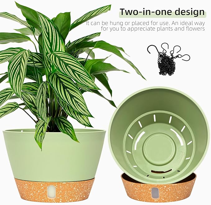 QCQHDU 2 Pack Hanging Planters for Indoor Outdoor Plants, 10 Inch Hanging Baskets Flower Pots with Reservoir Tray & Visible Water-Level-Ruum Studio Home