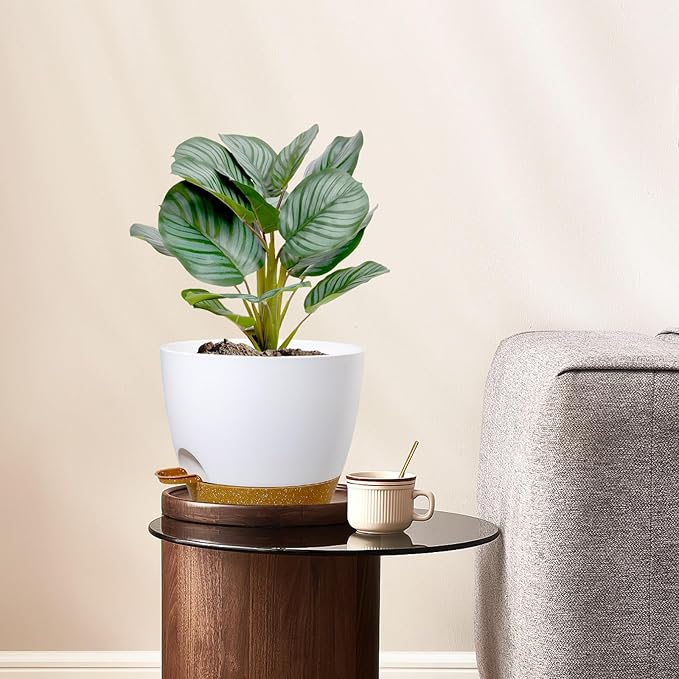 12/10/9 inch Large Self Watering Pots, Plant Pots with Mesh Drainage Holes for Indoor Outdoor Garden Plants, Flower Pots with Deep Reservoir, 3 Pack Plastic Planters, White with Brown-Ruum Studio Home