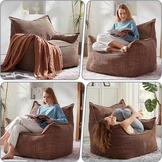 Giant Bean Bag Chair Sofa for Adults Teens, Comfy Corduroy Large Bean Bag Chairs with Armrests for Bedroom Living Room, Adult BeanBag Lazy Sofa Couch Chairs with Filler Included-Ruum Studio Home