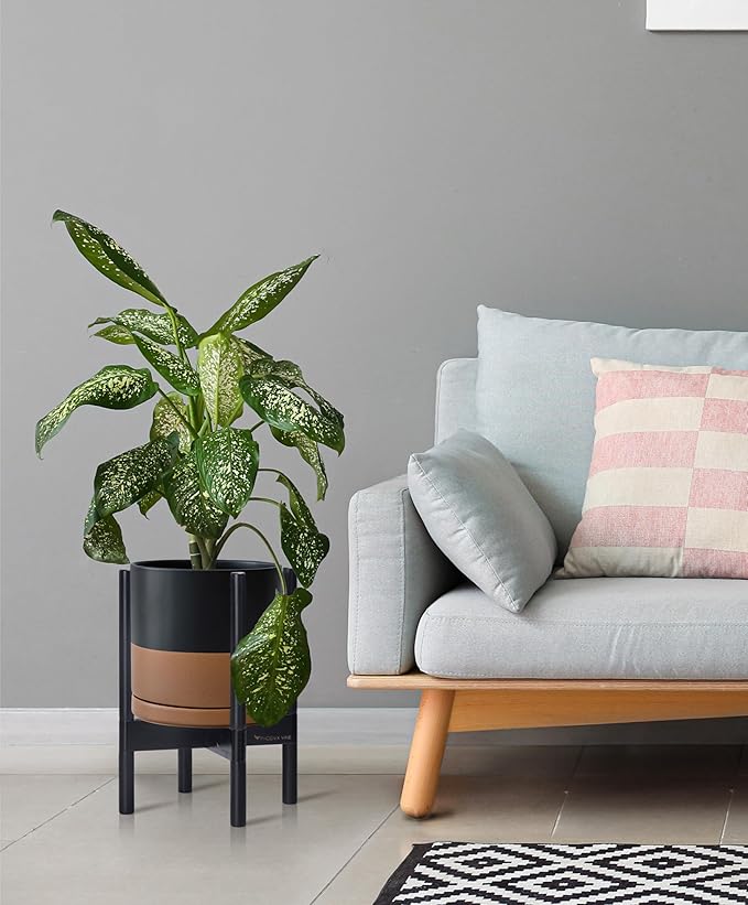 D'vine Dev Ceramic Planter with Ebony Stand - 10 Inch Modern Round Flower Pot with Wood Planter Holder, Black/Speckled Tan, 55-B-L-7-Ruum Studio Home