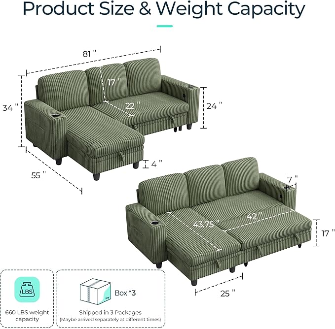 LINSY HOME Sectional Sleeper Sofa with Pull Out Couch Bed Convertible Plush Corduroy Cloud Couch with Storage Chaise & USB Charging, Comfy L Shaped Modular Couches for Living Room Apartment (Green)-Ruum Studio Home