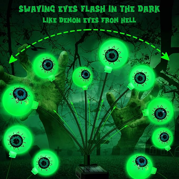 Solar Halloween Decorations, 4 Pack 24 LED Spooky Eyeball Lights, Outdoor Waterproof Solar Green Firefly Lights for Garden Yard Patio Pathway Lawn Halloween Party-Ruum Studio Home