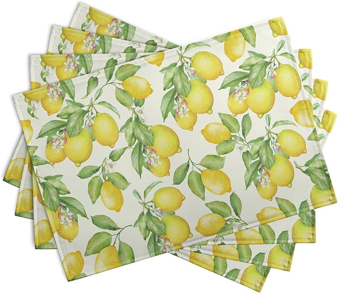 Lemon Placemats Set of 4 Summer Yellow Fruit Green Leaf Floral Linen Table Mat Rustic Farmhouse Spring Heat Resistant Non Slip Washable Place Mats for Dining Kitchen Party Decor-Ruum Studio Home