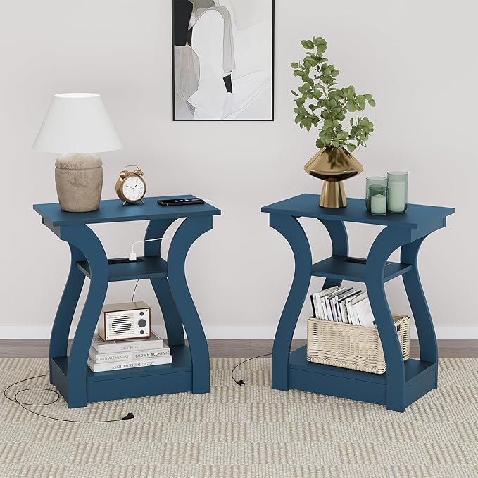 End Tables Living Room Set of 2,End Table with Charging Station and USB,Navy Blue Side Table, Nightstand for Bedroom,3 Tier End Table with Storage Shelf for Living Room Navy Blue-Ruum Studio Home
