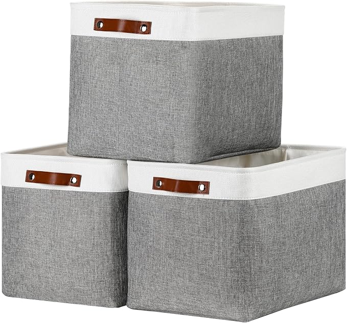 DULLEMELO Large Storage Baskets, Fabric Storage Basket with Leather Handles for Shelves Closet Nursery Toy Storage, Collapsible Fabric Baskets for Toy Book Magazine Towel Organizers(White&Gray)-Ruum Studio Home