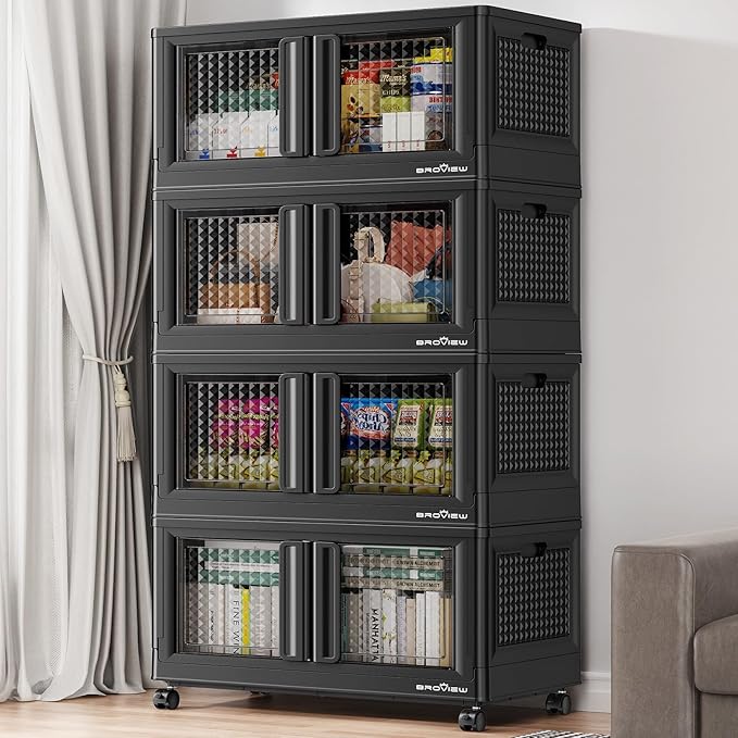 400Qt Stackable Storage Bins with Lids, 100Gal Closet Organizers and Storage Drawer, Plastic Collapsible Storage Bins with Doors, Heavy Duty Store Box Cabinet for Home Kitchen, 4Pack Black-Ruum Studio Home